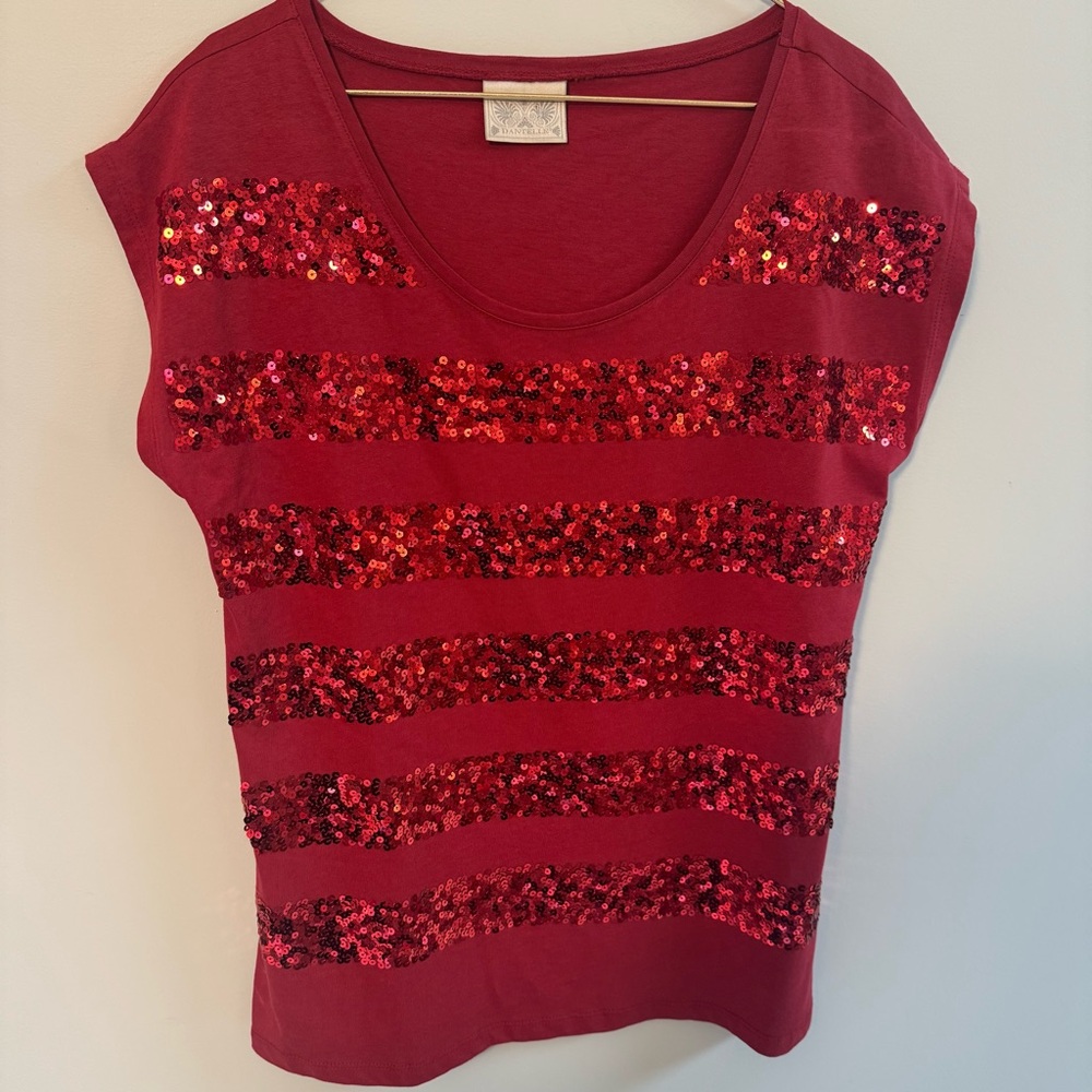 DANTELLE Women's Short Sleeve Top Sequin Striped RED Size Medium